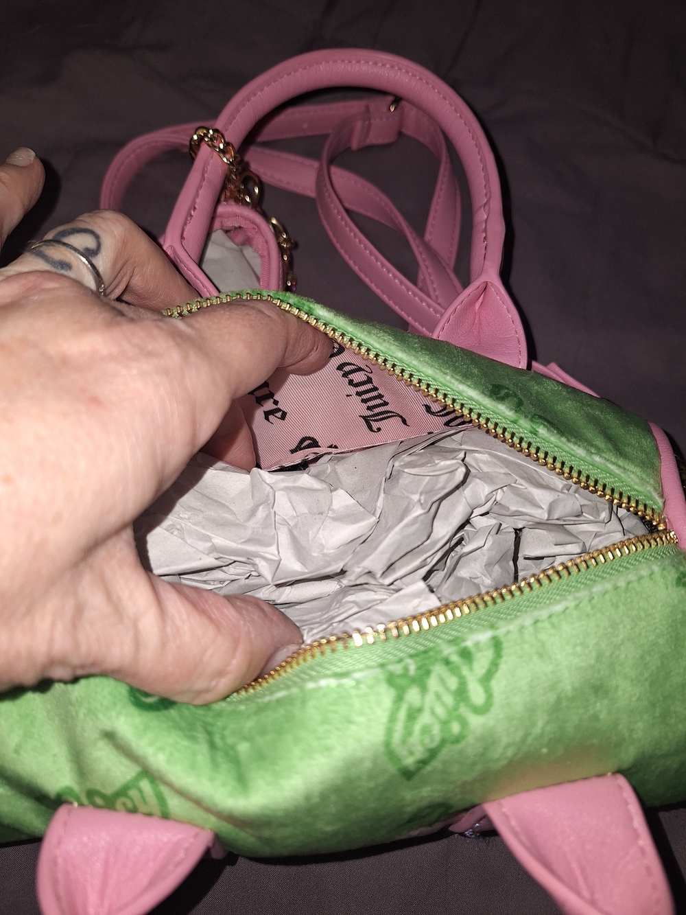 EXCLUSIVE Juicy Couture Green Velvet Mini Barrel Bag with Pink Trim - Picture 6 of 6
